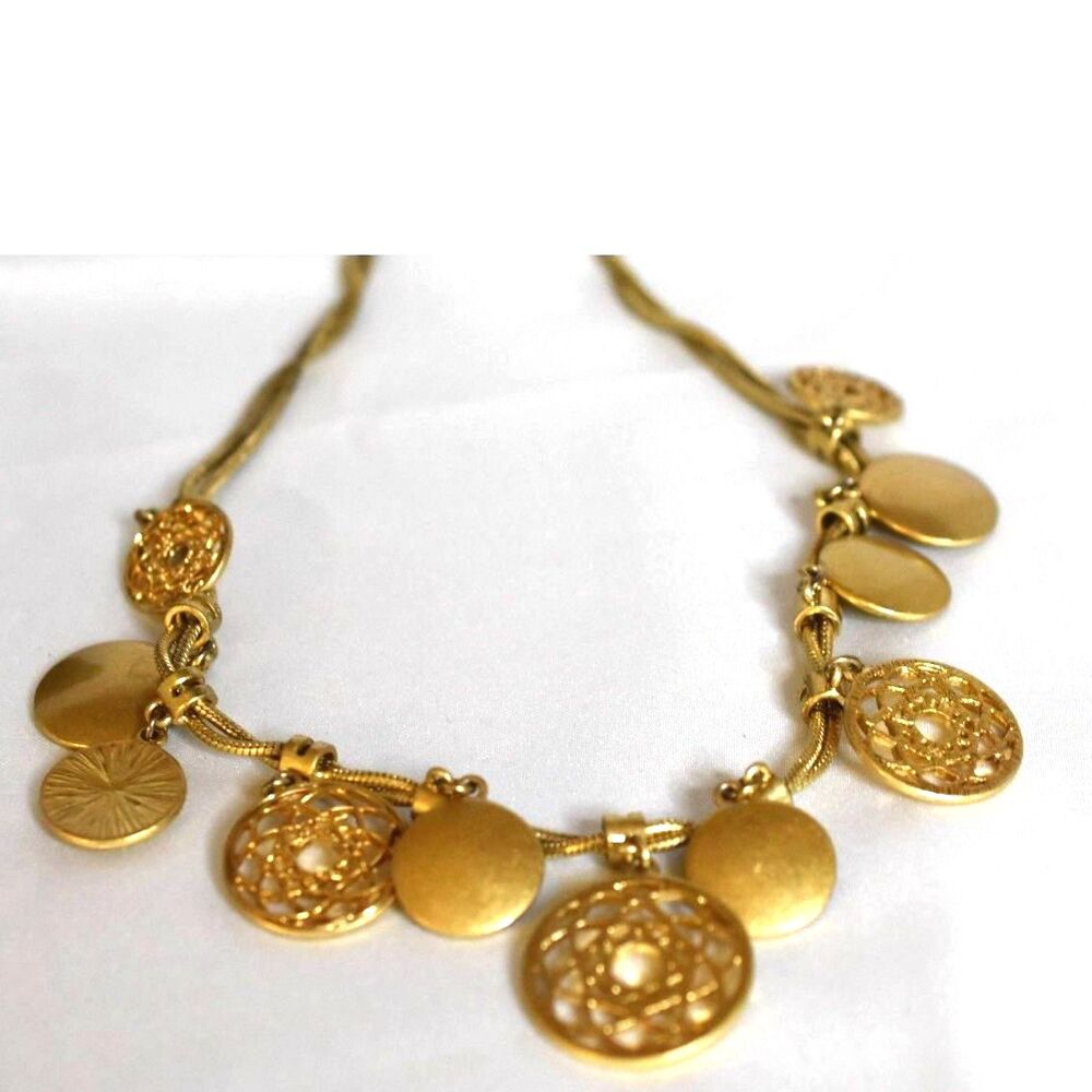 Vintage 5X Brushed Gold Tone Multiple Circular Disc's Snake Chain16"  Necklace